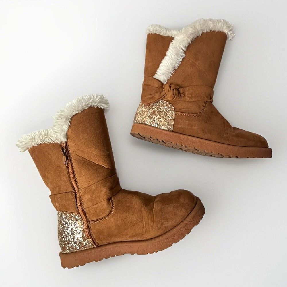 Girls Magellan Brown Faux Suede Fur Sherpa‎ Boots Sparkle Youth 2 Bow Binge EUC - Picture 7 of 7
